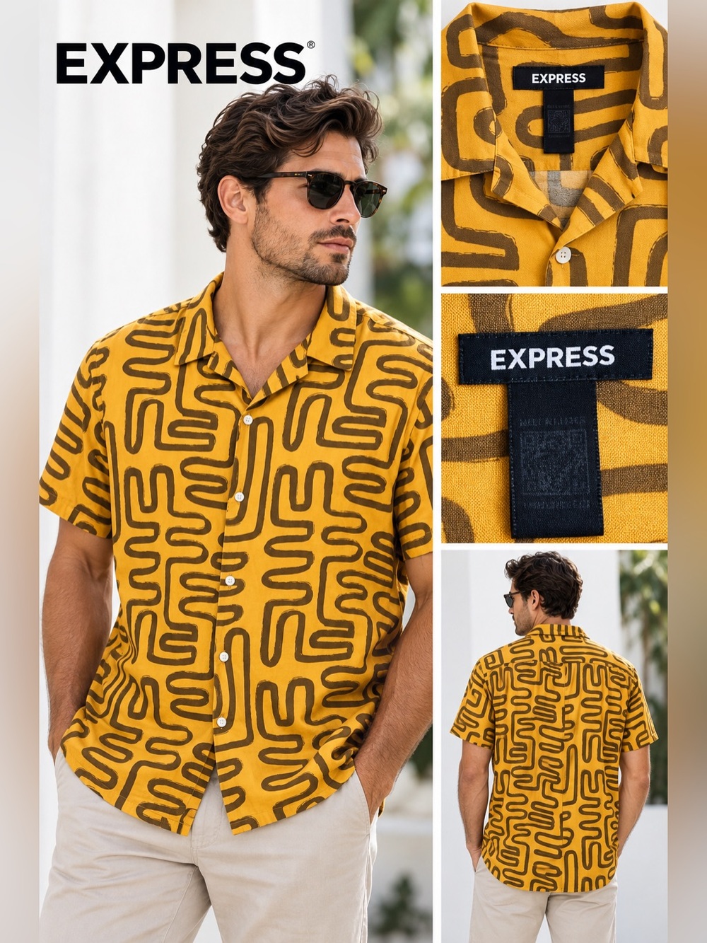 Express Men's Mustard Yellow Short‑Sleeve Button‑Down with Brown Abstract Print